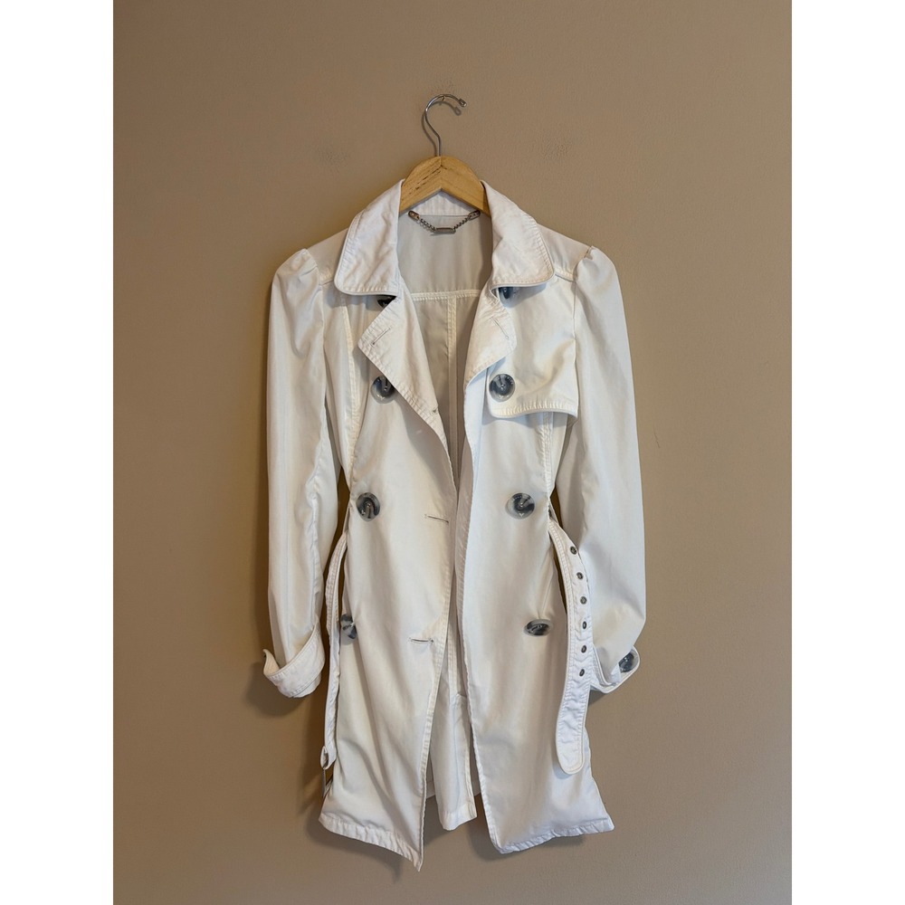 Fracomina Y2K White Double Breasted Belted Trench Coat Puff Shoulder Jacket